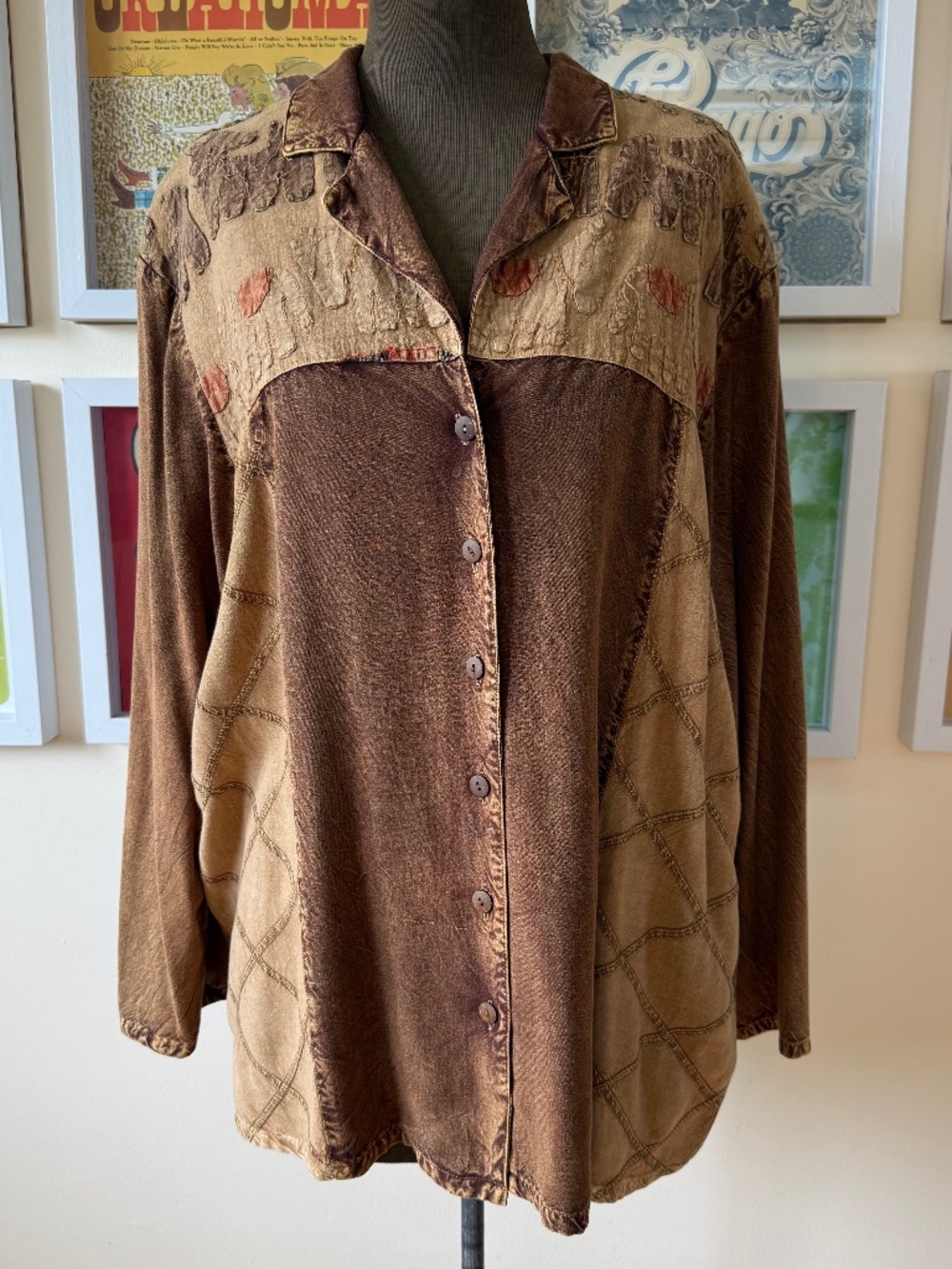 Vintage 90s Patchwork Button Up Overshirt | Boho Luxe Textured | Earth Tone
